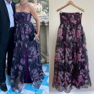NWOT Wonderful Waltz Purple Floral Print Strapless Bustier Maxi Dress